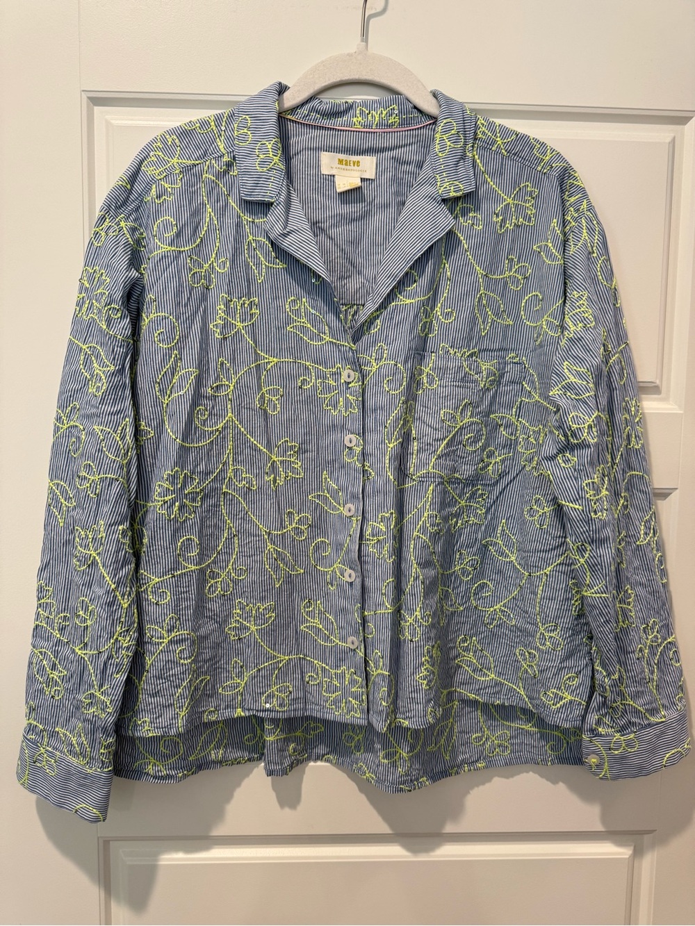 Anthropologie Maeve Size 6 Blue Embroidered Button Down Shirt